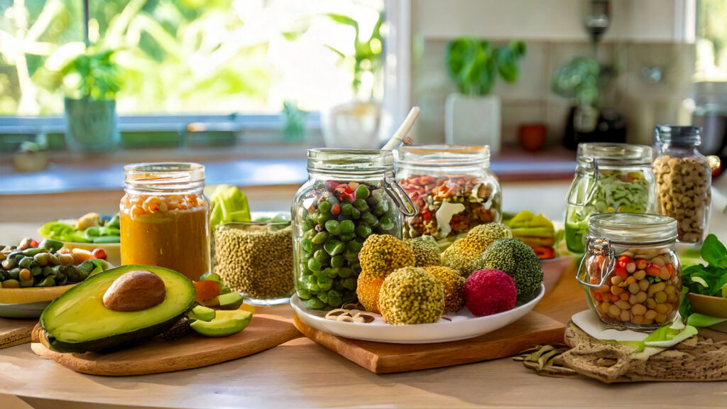 helle, einladende Küchentischszene mit bunten Energiebällen, frischen grünen Salaten mit Avocado und Quinoa und lebendigen Smoothies in Gläsern. Natürliches Licht, frische Zutaten