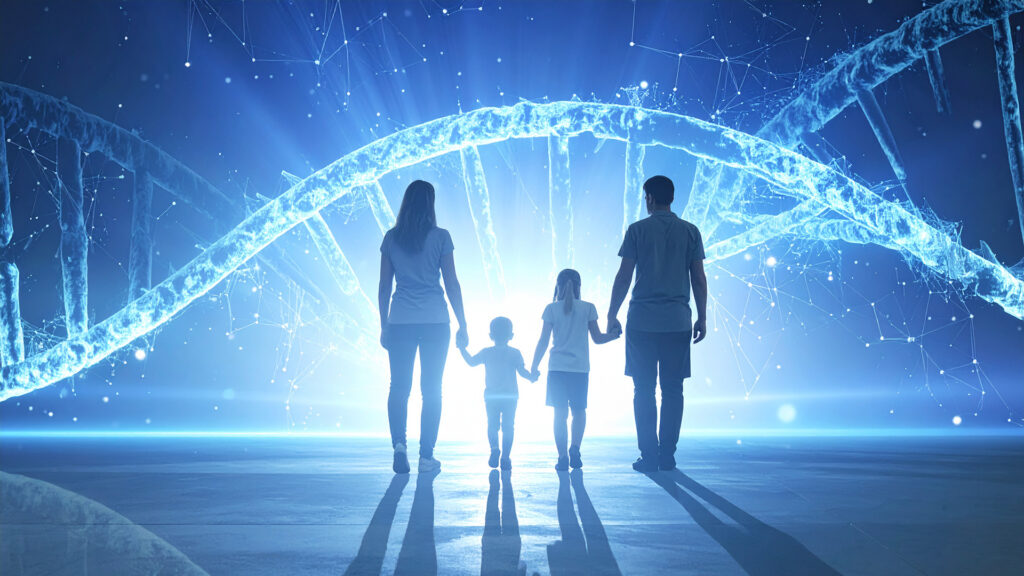 familie, mutter vater kinder, an händen haltend, blicken auf DNA-Stränge projeziert vor ihnen