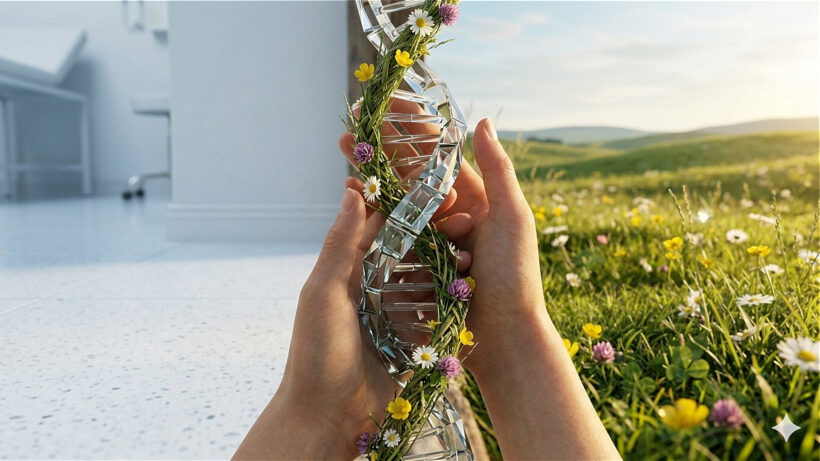 Türschwelle Von Krankenzimmer Zu Einer Blühenden Wiese, Davor Hand, Die Eine Küstlerische DNA Helix Hält
