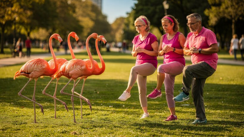 Gruppe Von 5 Flamingos stehen auf einem Bein gegenüber 3 Personen stehend auf einem Bein